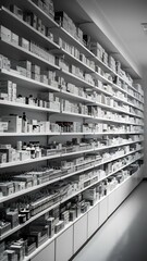 Empty drugstore with bottles and packages full with medicaments, retl shop shelves with pharmaceutical products. pharmacy space filled with medical drugs and pills, vitamins boxes.