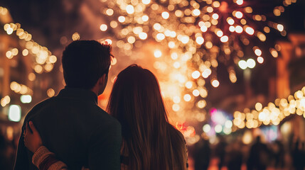 silhouette couple of love watching fireworks at night