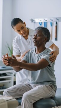 Physiotherapist assisting senior man with shoulder exercise