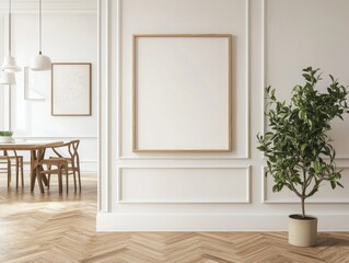Fototapeta premium A white room with a large empty frame on the wall. The room has a modern feel with a wooden floor and a potted plant