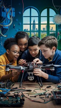 Diverse kids assembling drone with electronic components