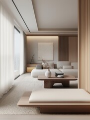 Fototapeta premium A modern living room with a white couch, a coffee table, and a vase. The room has a minimalist design and a clean, uncluttered look