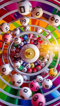 Top view of colorful lottery balls in a spinning machine