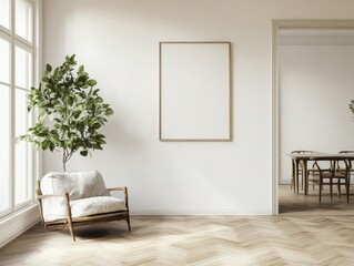 A white room with a chair and a potted plant. The room is empty and has a minimalist feel