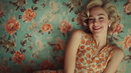 Mujer rubia con vestido floral de los años 50, sonriendo ante un fondo de papel pintado. Un toque lúdico y elegante de la moda vintage