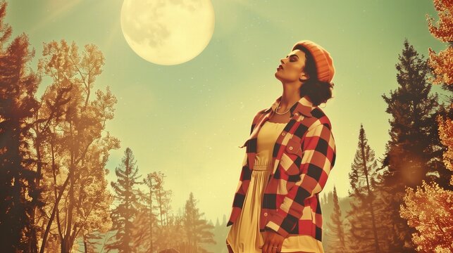 Ilustraci&oacute;n digital de una mujer con camisa de franela, falda y sombrero bajo la luna llena. Estilo retro con tonos c&aacute;lidos, luces suaves y un fondo detallado de &aacute;rboles y cielo