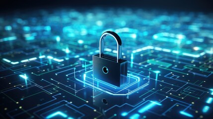 A futuristic digital lock sits on a glowing circuit board, representing the importance of cybersecurity in the modern world.