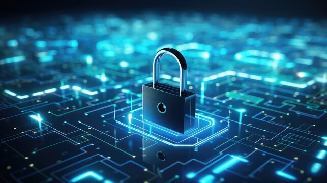 A futuristic digital lock sits on a glowing circuit board, representing the importance of cybersecurity in the modern world.