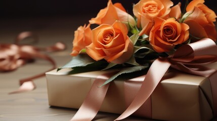 Obraz premium A gift box wrapped in brown paper and tied with a satin ribbon, adorned with a bouquet of delicate peach roses.