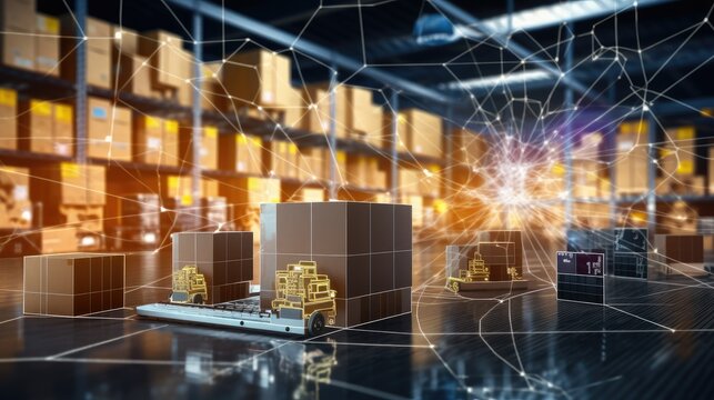 A futuristic warehouse with automated delivery systems.