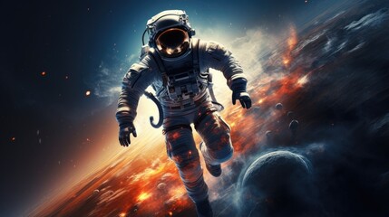 Fototapeta premium A lone astronaut floats through space, surrounded by swirling clouds and fiery debris.