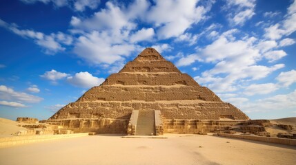 A majestic pyramid stands tall against a bright blue sky, its weathered stone steps reaching towards the heavens.