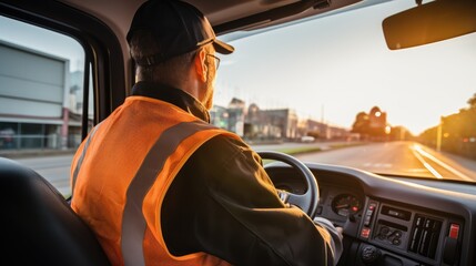 A man in a safety vest drives a car on a sunny day. He is focused on the road ahead. The sun is shining through the windshield, creating a warm glow.