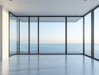 Obraz premium A large, empty room with a large window overlooking the ocean. The room is very clean and has a very modern feel to it. The large window lets in a lot of natural light, making the room feel bright