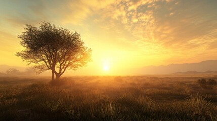Fototapeta premium Sunrise Over a Field with a Single Tree