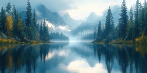 Misty Mountain Lake with Reflections and Evergreen Trees