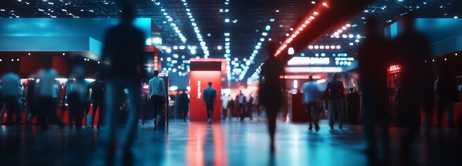 Exhibition expo event trade fair hall with busy bustling people walking to conferences in a modern hall crowded business people with a bokeh effect. Generative AI
