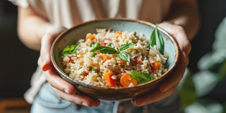 Woman holding a bowl of Turkish or Levantine Arabic vegetable bulgur pilaf a nutritious vegan and vegetarian dish