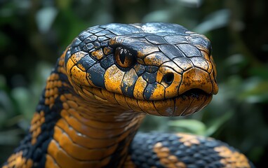 Obraz premium Close-up portrait of a venomous snake with yellow and black scales, looking directly at the camera.