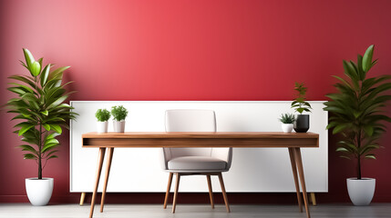 A red wall with a table and chairs and a red wall with a plant on it, modern living room, modern interior design, modern living room with table