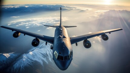 A military aircraft soars through the clouds, its powerful engines roaring as it navigates the vast expanse of the sky.