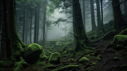 Fototapeta premium A misty forest path winds through a dense grove of ancient trees, their trunks draped in moss.