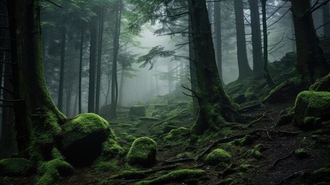 A misty forest path winds through a dense grove of ancient trees, their trunks draped in moss.