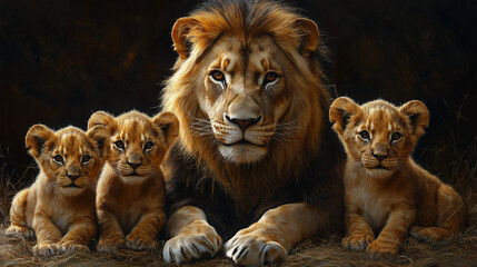 Fototapeta premium Lion couple containing an adult female and adult male and their 2 sweet cubs affectionate with their parents
