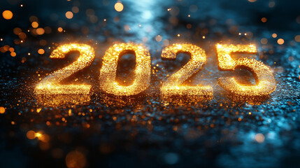 Happy New Year! Sparkling text "2025" is isolated on a black background. The golden light effect with a burning firework text number is for celebration and a romantic moment, party, wedding ceremony
