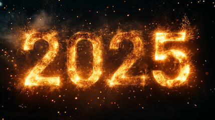 Happy New Year! Sparkling text "2025" is isolated on a black background. The golden light effect with a burning firework text number is for celebration and a romantic moment, party, wedding ceremony