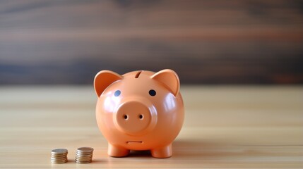 Fototapeta premium A piggy bank sits on a wooden table with a stack of coins beside it. The piggy bank is orange and has a cute face. The coins are shiny and new.