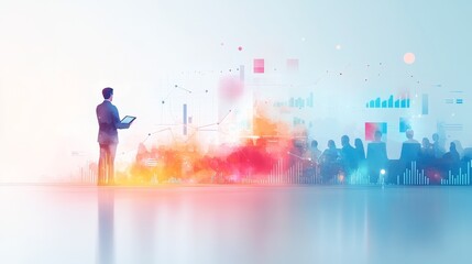 A watercolor illustration of a business leader presenting a future plan to a group of executives, with colorful graphs and charts illustrating growth strategies. The atmosphere is collaborative and