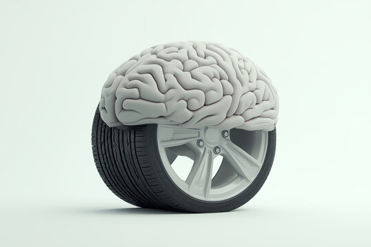 Innovative fusion of human intellect and automotive design with a brain resting on a car wheel, representing creativity in motion