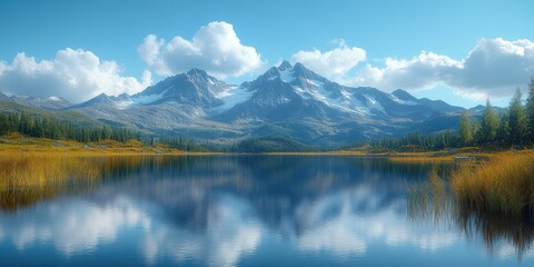 Fototapeta premium Mountain Lake with Reflection and Grassy Shore