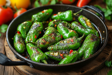 Sizzling grilled Padron peppers in a frying pan, freshly cooked for a delightful summer meal