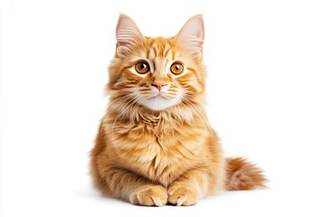 Fototapeta premium A cat with orange fur is sitting on a white background. The cat has a curious expression on its face