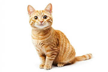 Obraz premium A cat with orange fur is sitting on a white background. The cat has a curious expression on its face