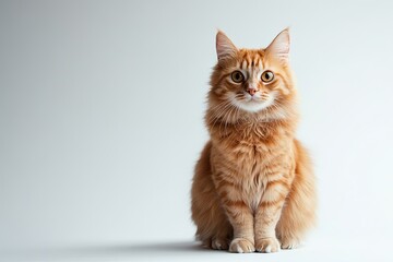 Fototapeta premium A cat with orange fur is sitting on a white background. The cat has a curious expression on its face