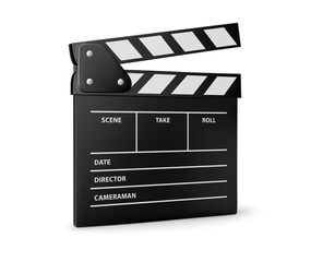 Obraz premium Movie Clapperboard. Film Directors ClapBoard. Cinema Equipment. Black Clapper Board realistic Icon isolated on white background. Vector illustration.