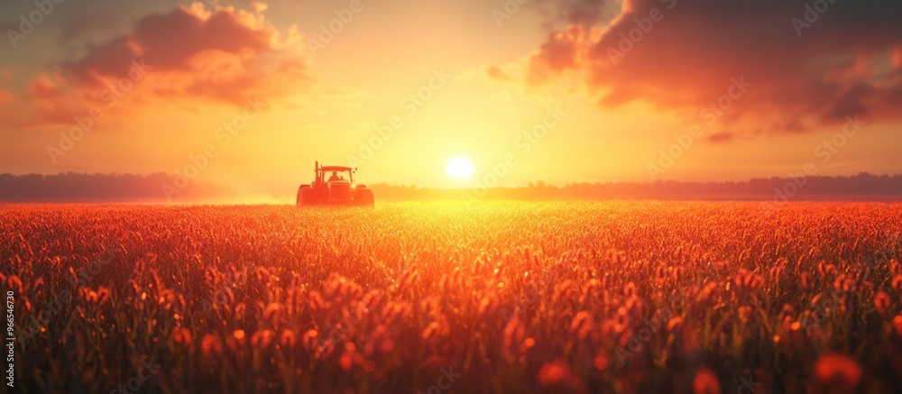 Wall mural tractor silhouette in a field at sunset