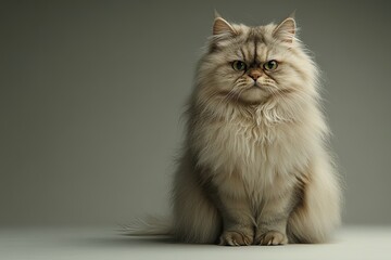 Elegant persian cat with long, fluffy fur sitting upright. The cat displays a calm and regal demeanor, perfect for pet-related content or advertisements