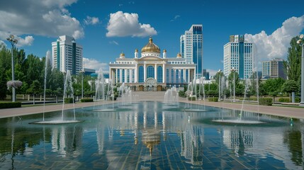 Fototapeta premium Golden-Domed Building With Reflecting Pool and Fountains