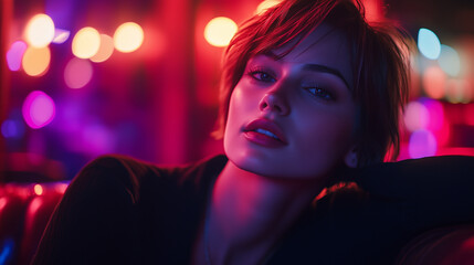 Fototapeta premium Neon-Lit Lounge Close-Up Portrait of Woman Relaxing with Vibrant Colors