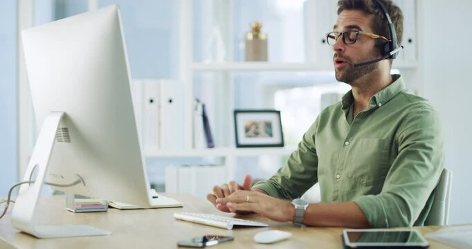 Call center man, typing and headphone by computer, financial info and chat for customer care in office. Consultant, tech support and agent by pc, microphone and talking with voip, crm and help desk