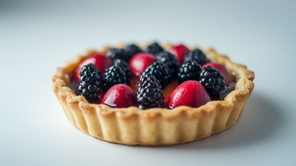 a small peach tart with fresh peaches and a glaze finish against an isolated white background