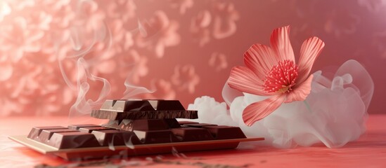 Naklejka premium Bittersweet chocolate pieces placed on a surface surrounded by a soft romantic floral arrangement and wispy smoke or steam creating a captivating and sensual still life composition