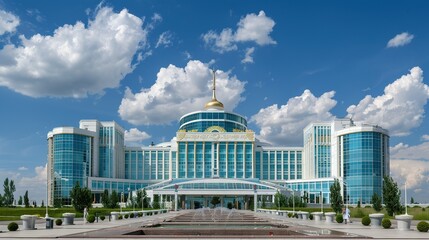 Obraz premium Modern Palace with a Golden Dome and a Water Feature