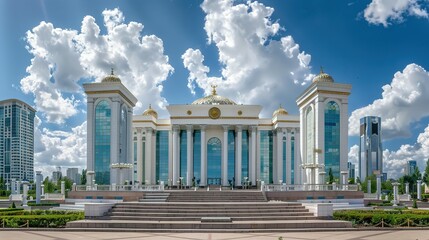 Fototapeta premium White Building with Golden Domes and Columns Against a Blue Sky