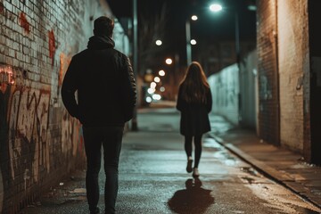 Obraz premium Addressing urgent concern: concept for crime, stalking, presenting grave threat to women, others persecuted for numerous reasons, necessity for preventive strategies, comprehensive support systems.