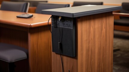 A wooden podium with a black speaker and a microphone cord. The podium is in a room with chairs and a table.